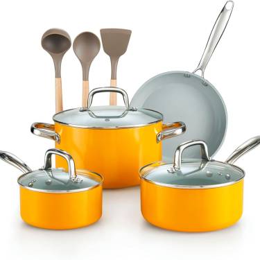 All Stovetop Compatible Yellow Ceramic Nonstick Kitchen Cookware Set with Stainless Steel Handles Manufacturers, Suppliers in Ajmer