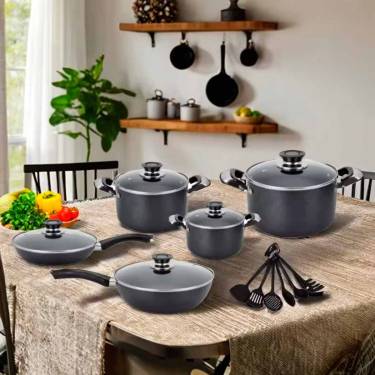 Aluminum Nonstick Cookware Set Eleven Piece Black Color with Double Ear Handles for Home Cooking Manufacturers, Suppliers in Delhi