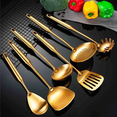 Gold Stainless Steel Cooking Utensils Set Includes Spatula, Ladle, Skimmer and More, Rust-Resistant Manufacturers, Suppliers in Delhi