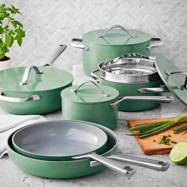 Green Ceramic Kitchen Cookware Set Eleven Pieces with Stainless Steel Handles and Aluminum Closure Manufacturers, Suppliers in Ajmer