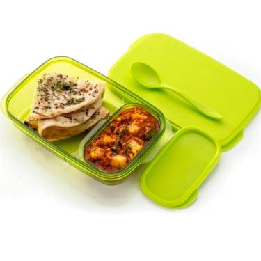 Leakproof Green Plastic Lunch Box Dual-Compartment, Secure Lid, Includes Spoon and Detachable Container Manufacturers, Suppliers in Delhi