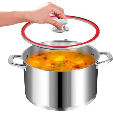 Mirror Polished Stainless Steel Stock Pot Tempered Glass Lid for Easy Monitoring, Red Silicone Seal for Secure Fit Manufacturers, Suppliers in Delhi